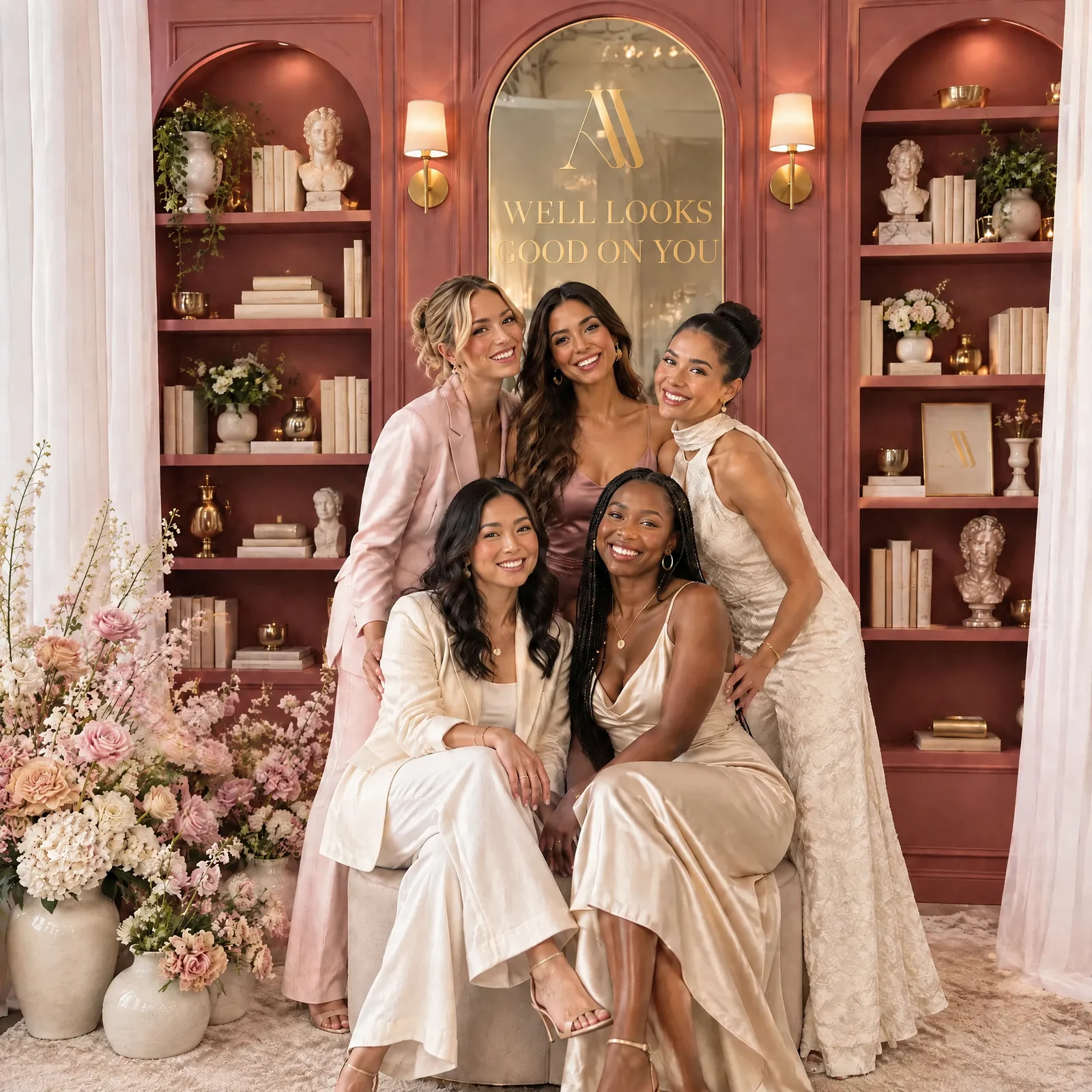 Guests posing in front of a rose library wall with a mirrored arch reading Well Looks Good on You, beside blush and ivory florals