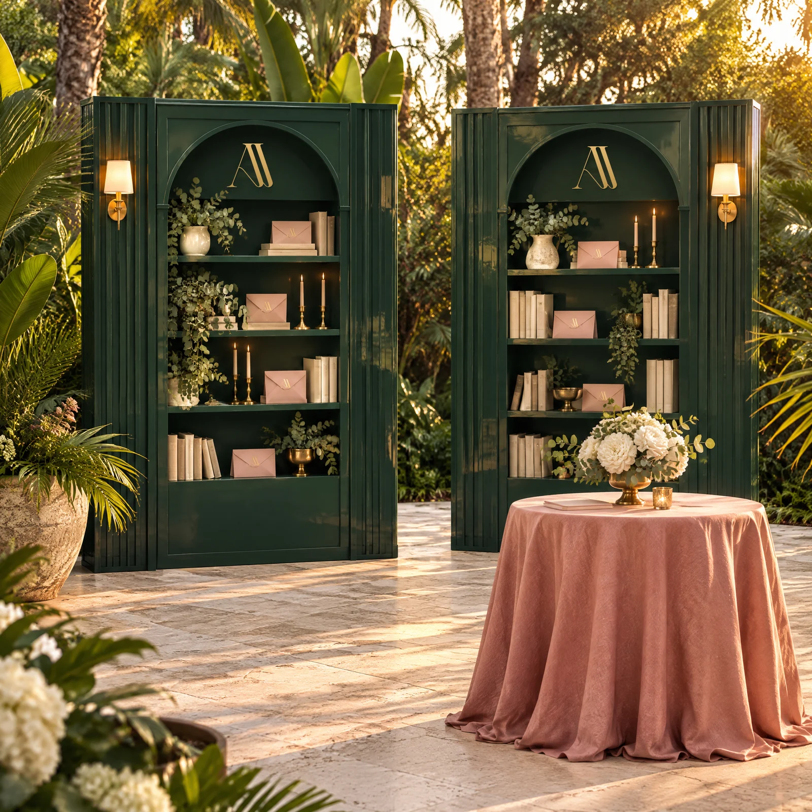 Two forest-green library walls with gold Audit & Align monograms, sconces, candles, and branded blush envelopes beside a rose-draped cocktail table with white florals