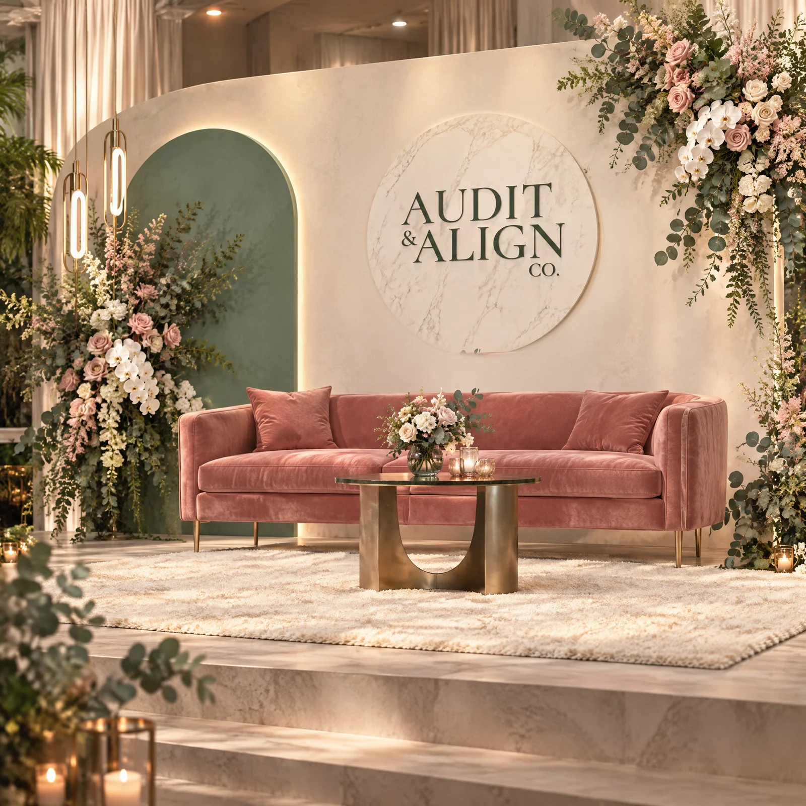 Lounge set with a blush velvet sofa, a sage arch, blush and ivory floral installations, and a backlit marble disc carrying the Audit & Align Co. wordmark